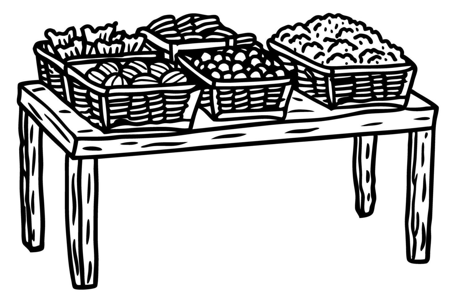 wooden market stand with baskets of fruits and vegetables fresh organic produce display vector