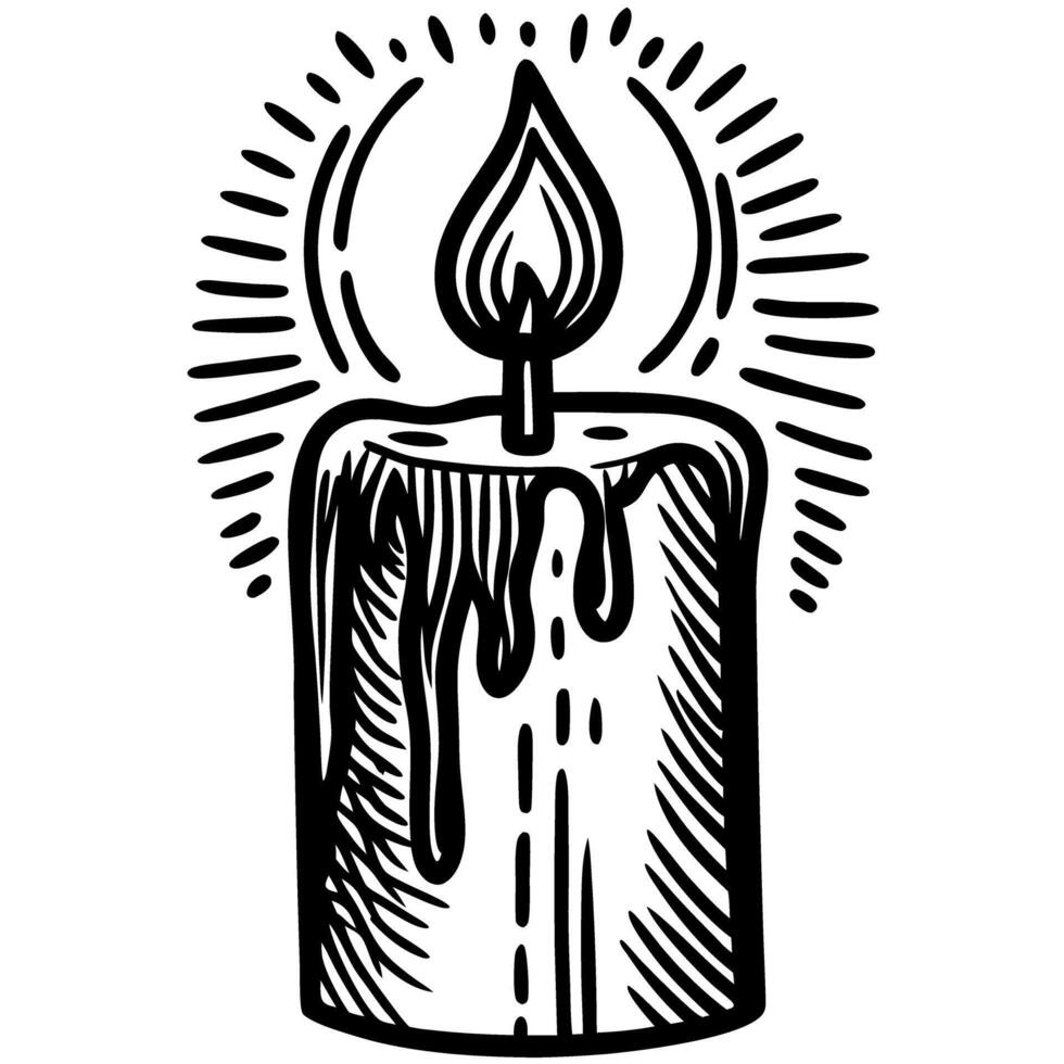 Illustrated lit candle with melting wax and radiating light design, hand drawn art vector