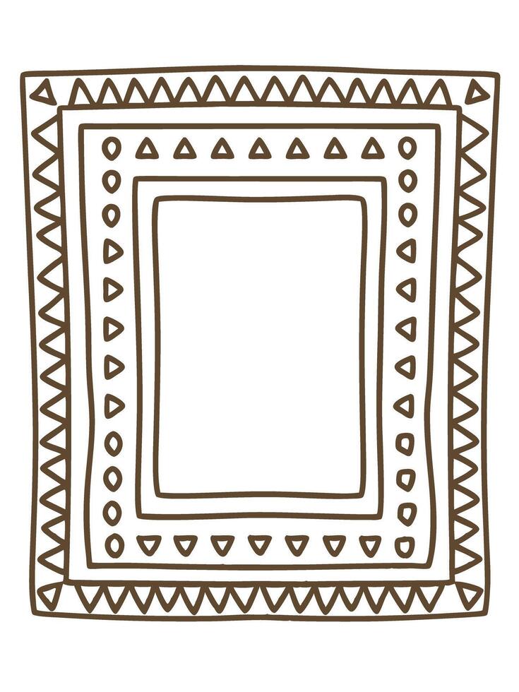 Hand drawn geometric patterned frame with brown linear design, triangular and rectangular shapes vector