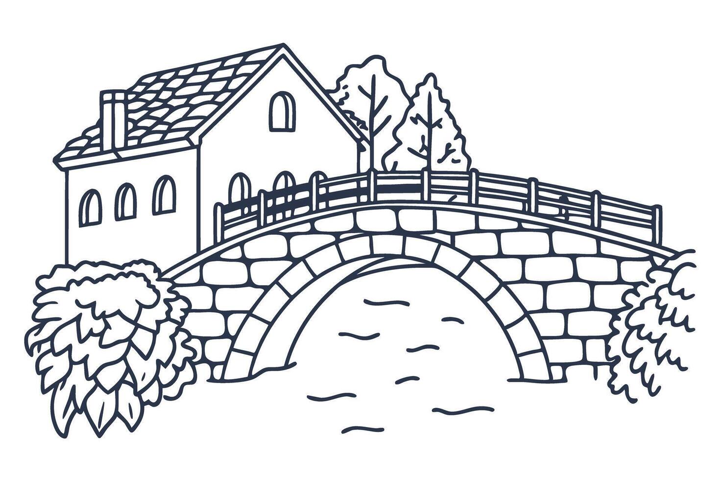 Charming cottage by stone bridge with trees and stream, serene countryside scene vector