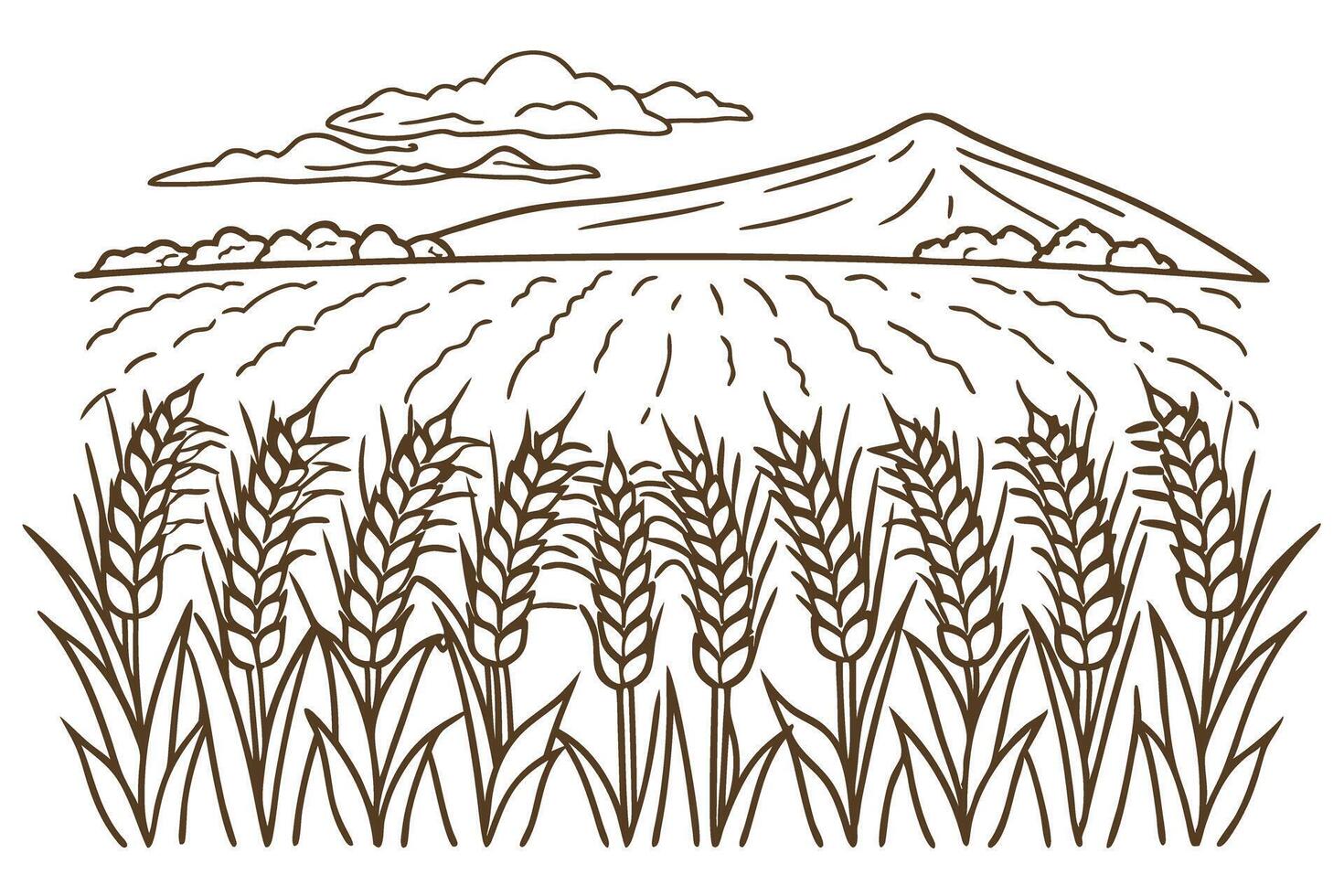Harvest scene wheat field and mountain landscape with clouds vector
