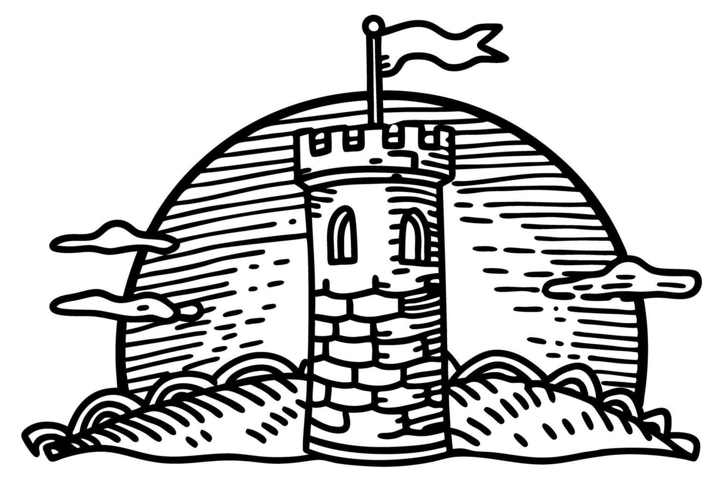 Medieval tower illustration with waves and flags in black and white vector