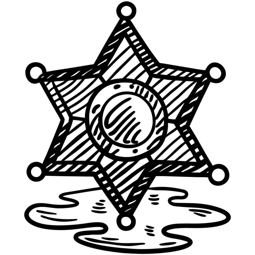 sketch of sheriff badge on water puddle, hand drawn black and white illustration vector