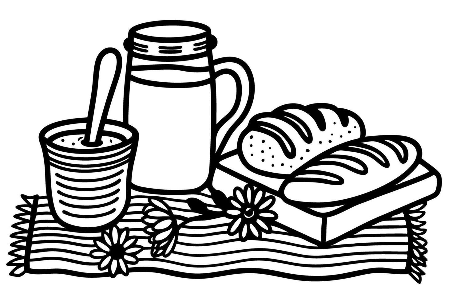 rustic breakfast scene with bread, milk, and flowers hand drawn line art picnic illustration vector