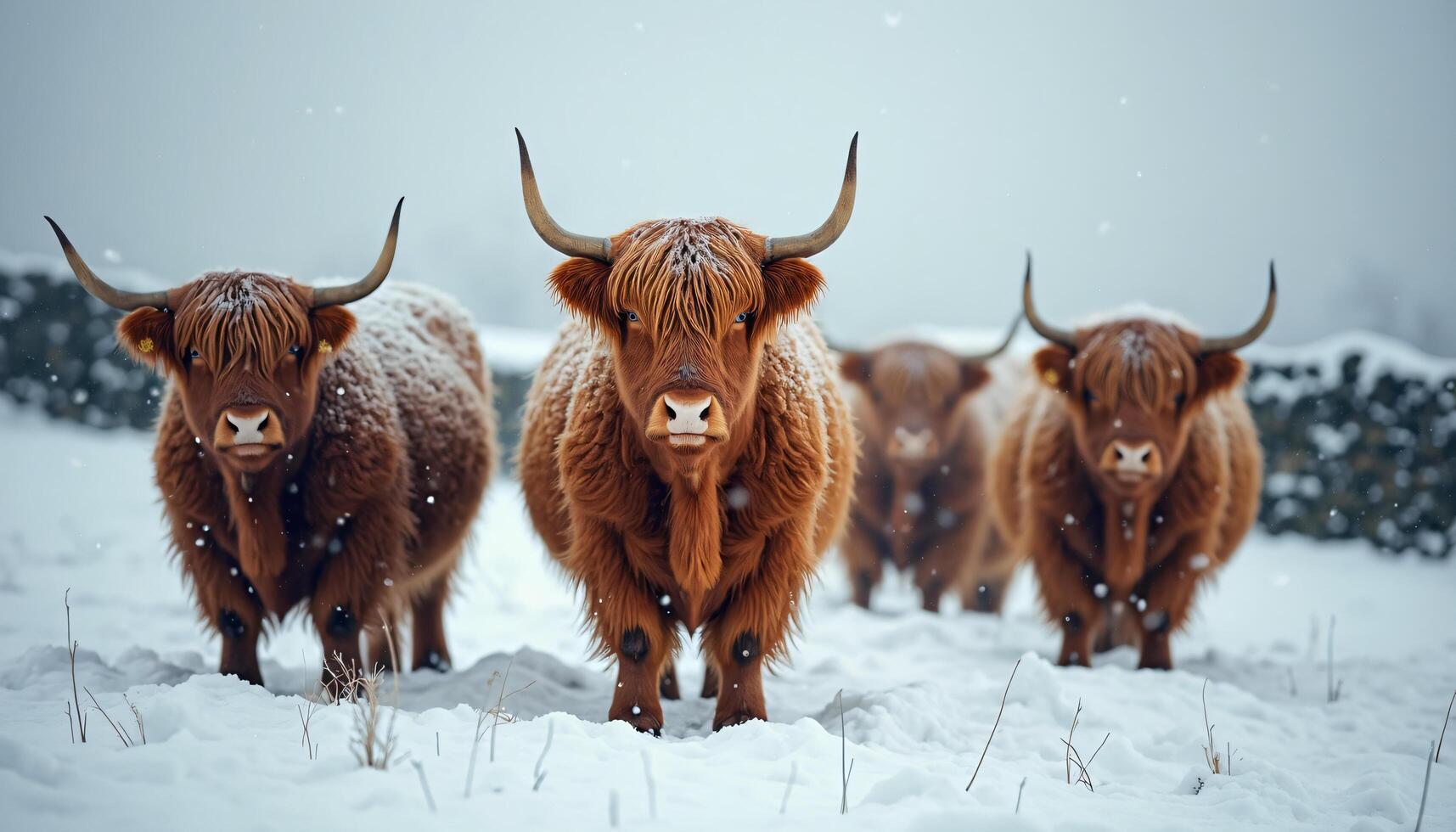 Highland Cattle Group Standing in Snow Covered Field photo