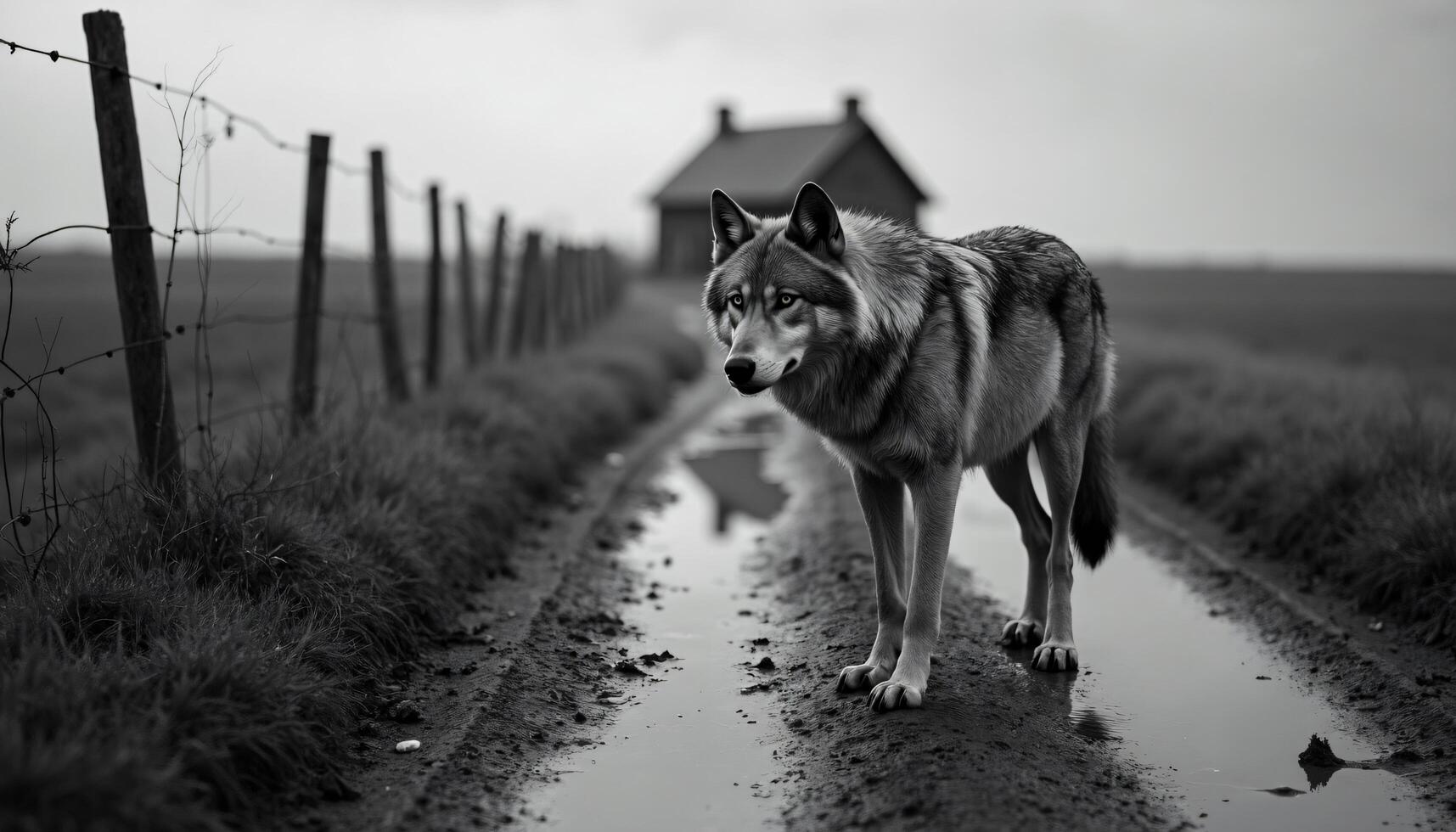 Wolf Standing on Muddy Path with Fence and House in Background photo