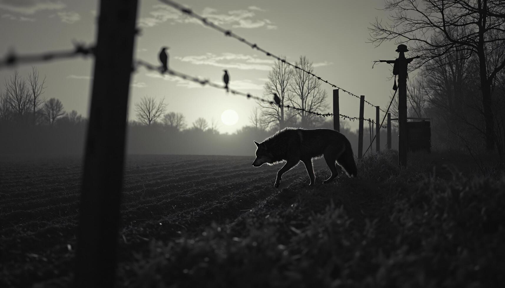 Wolf Near Fence Line with Birds and Scarecrow, Monochrome photo