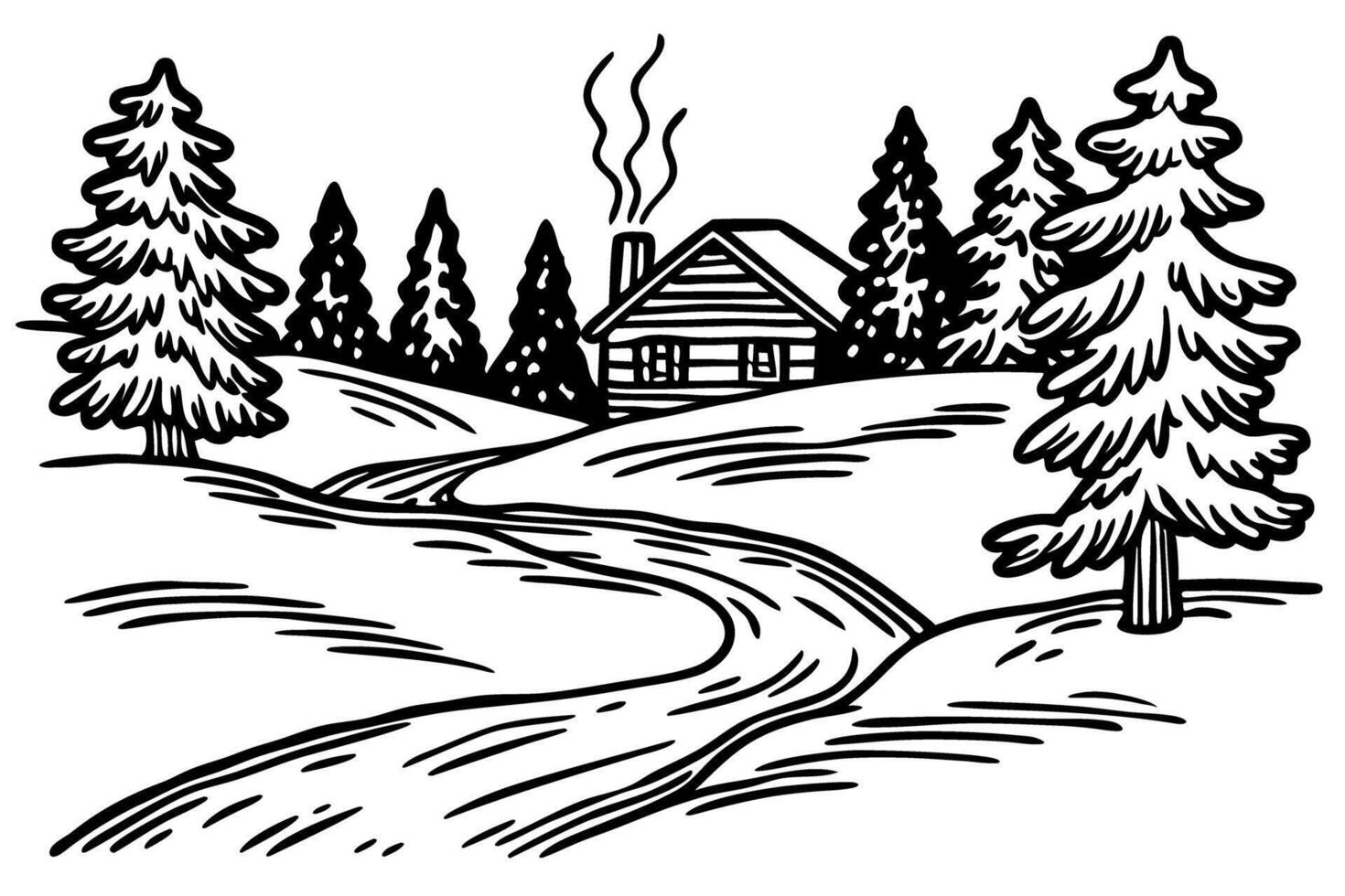 cozy cabin in a snowy forest landscape winter retreat, serene nature in black and white illustration vector