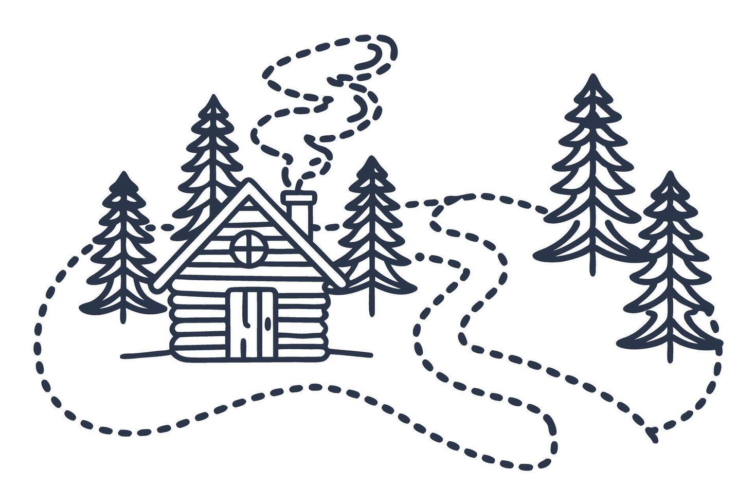 Cozy cabin in snowy forest, smoke rising from chimney, surrounded by pine trees in winter scene vector
