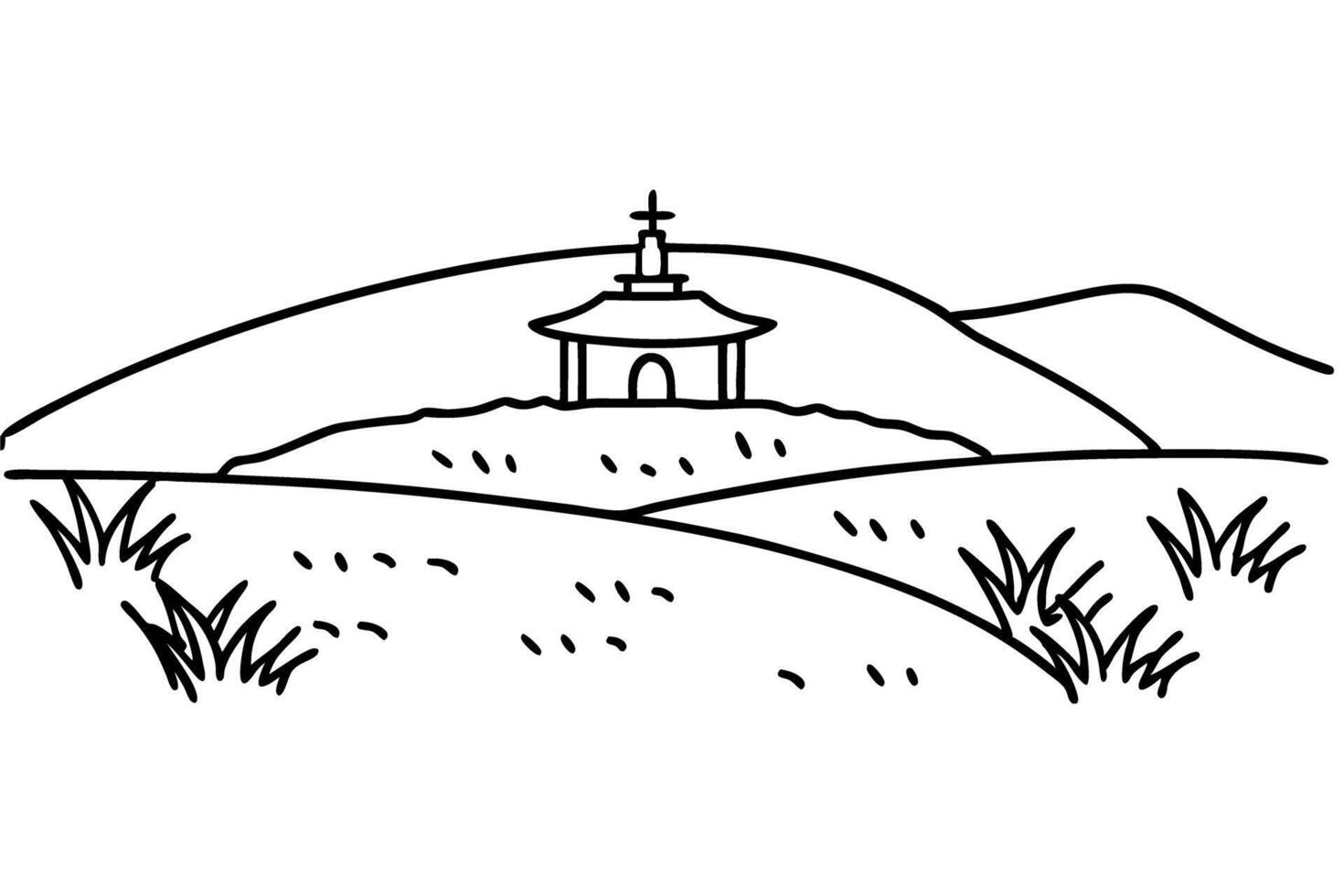 Simple countryside landscape with a chapel on a hill, peaceful rural scene vector