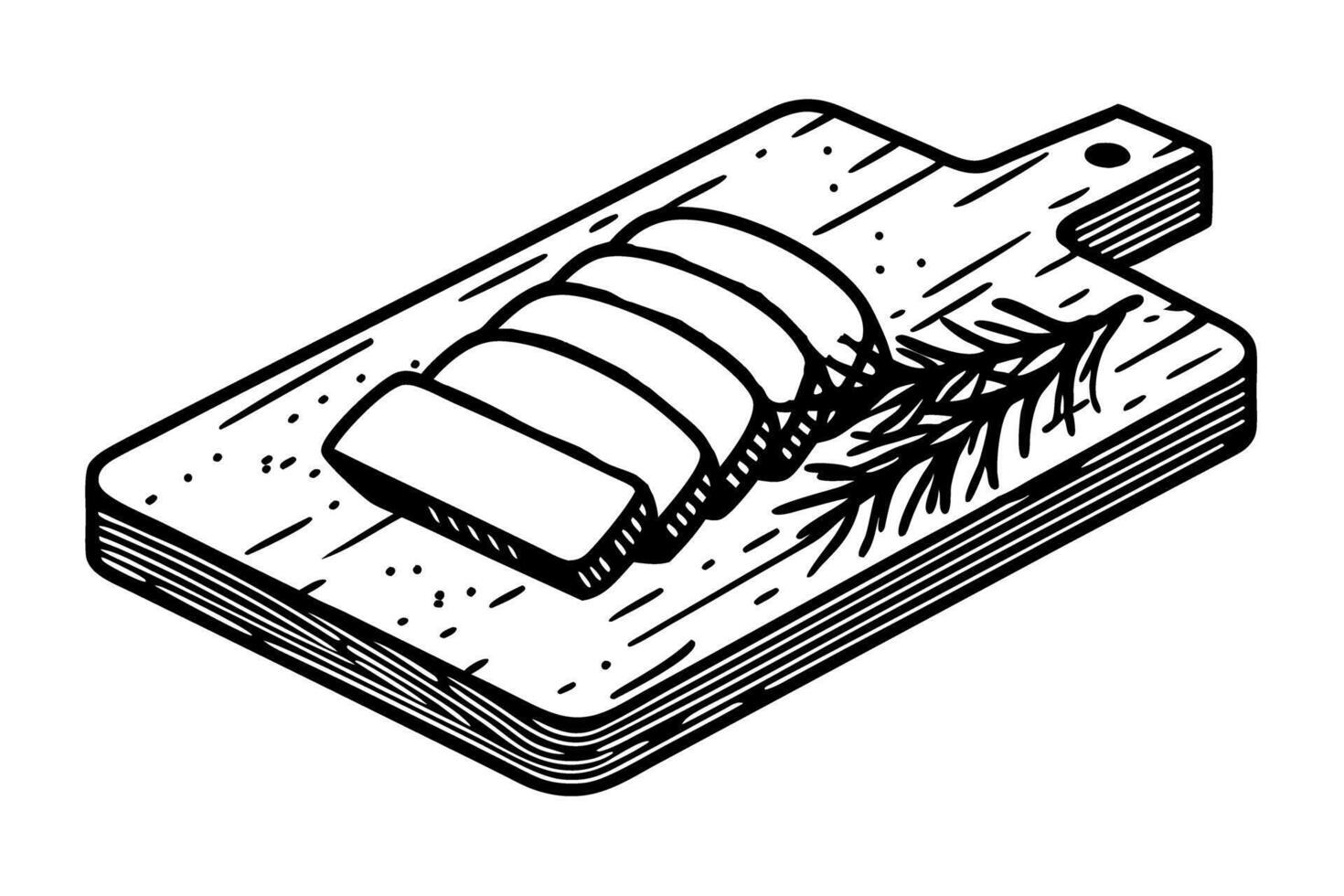 Sliced cheese on wooden cutting board with rosemary illustration vector
