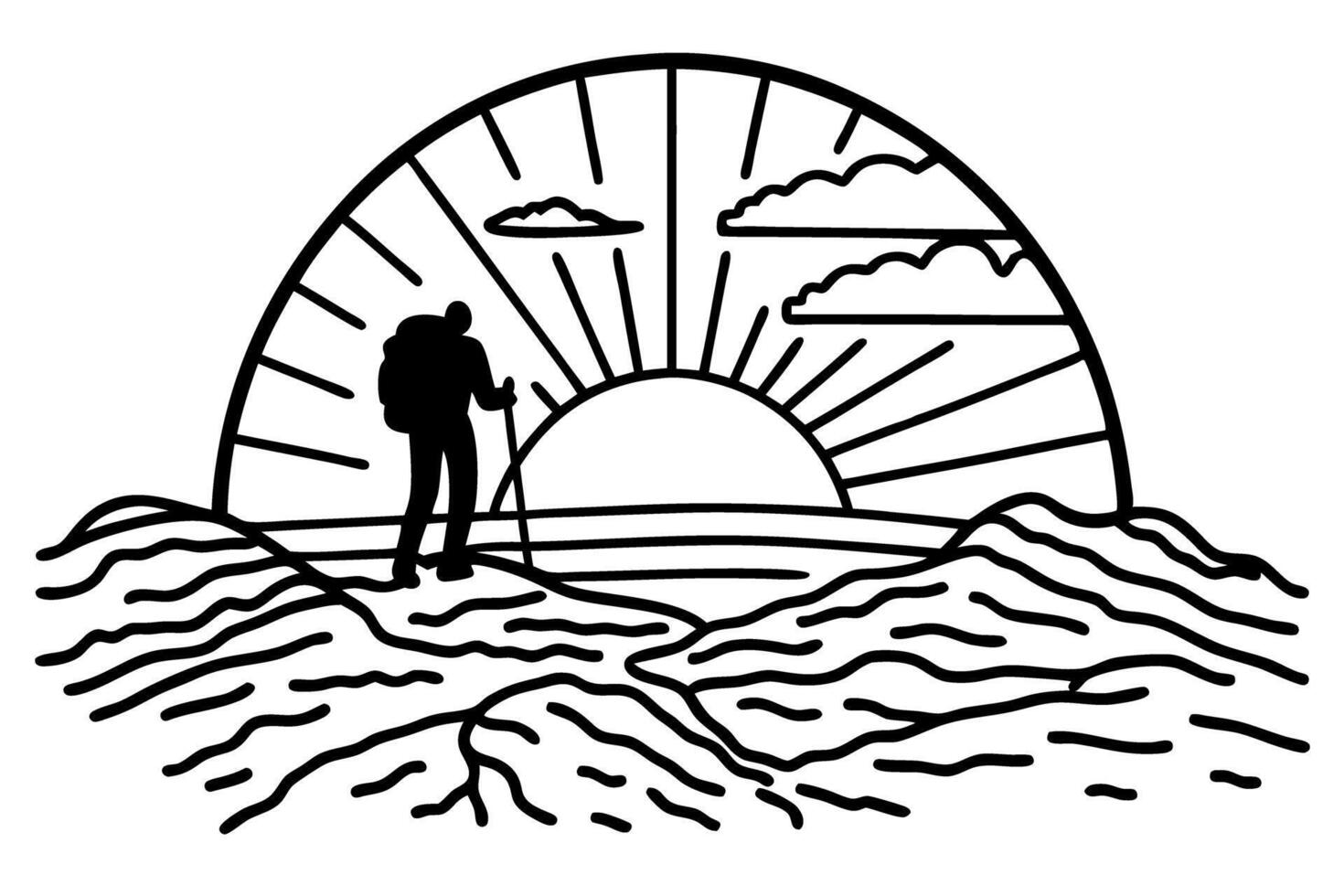 hiker silhouette on mountain at sunrise adventure outdoors, nature exploration, trekking journey vector