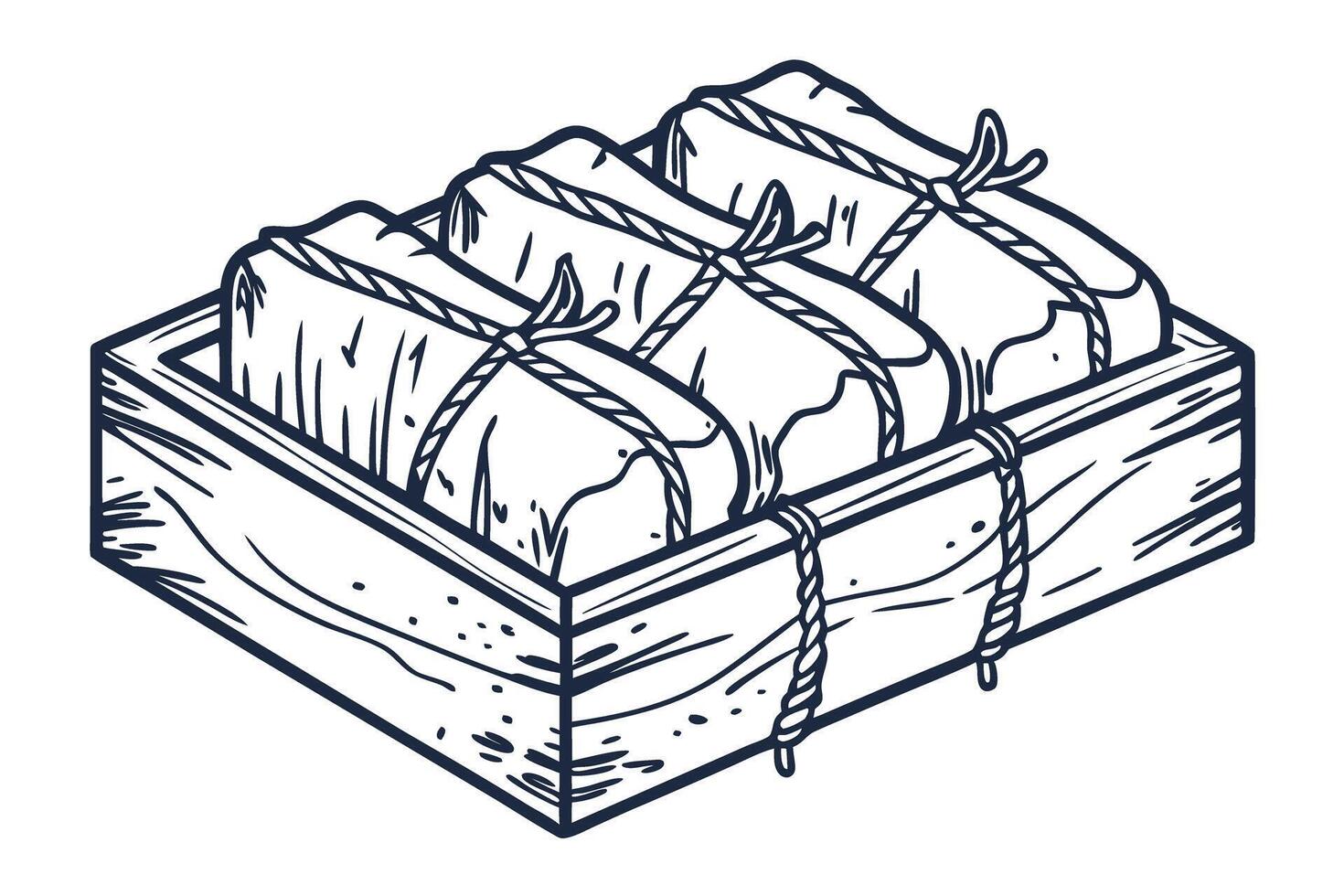 wooden crate with tied packages rustic hand drawn style, simple monochrome illustration, shipping concept vector