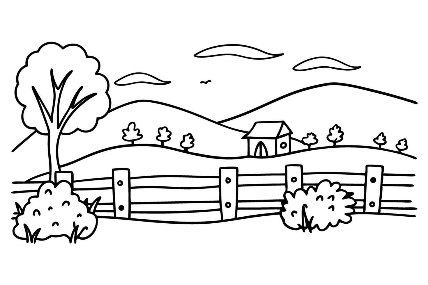 rural landscape illustration with rolling hills, farmhouse, and wooden fence nature, countryside scene vector