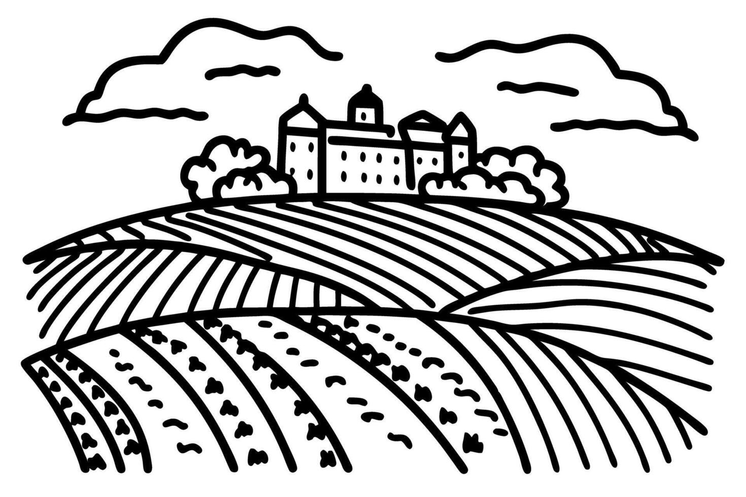 Illustrated countryside landscape with farmhouse on rolling hills under cloudy sky vector