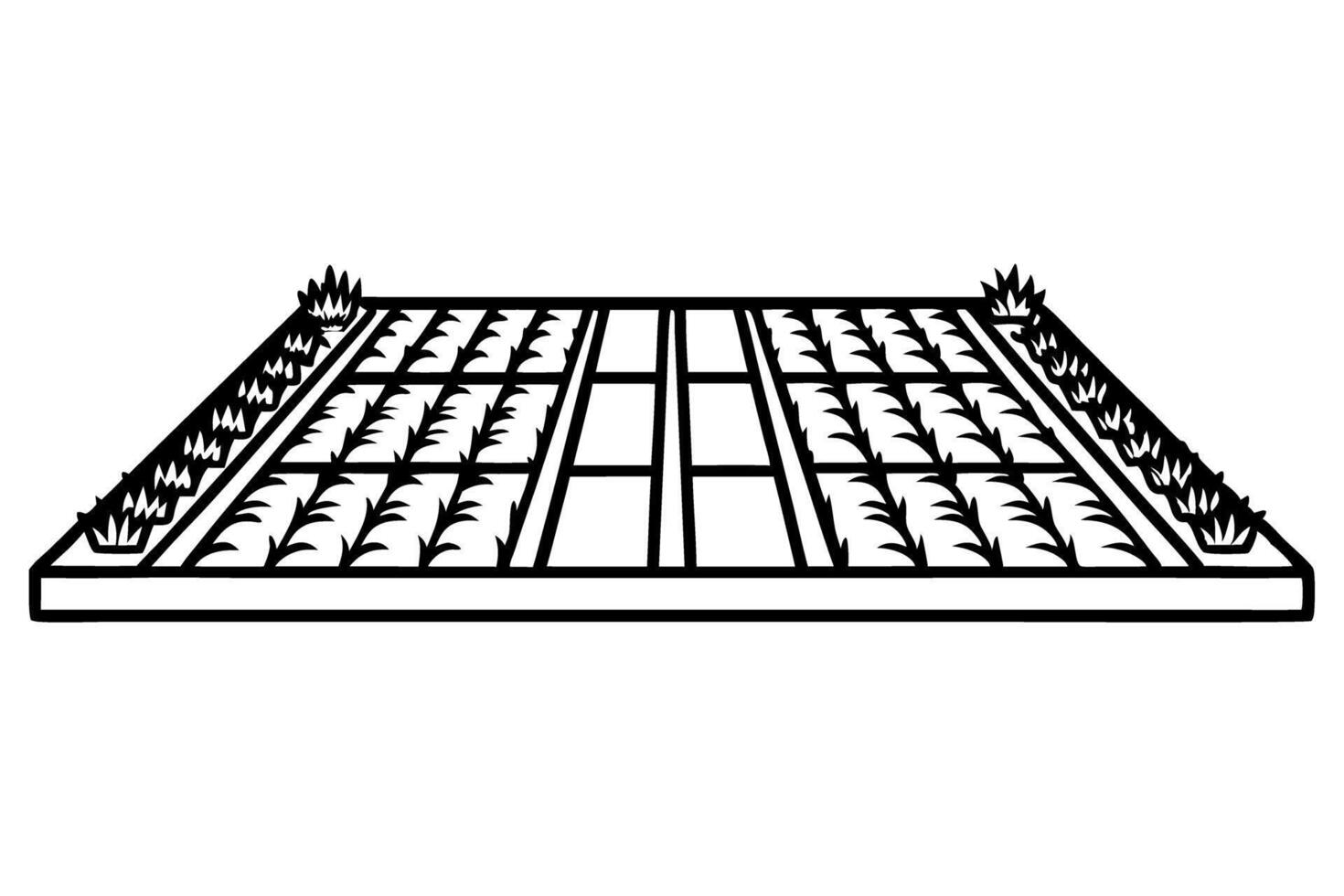 Rectangular japanese zen garden design with rows of raked sand and minimalist plants vector