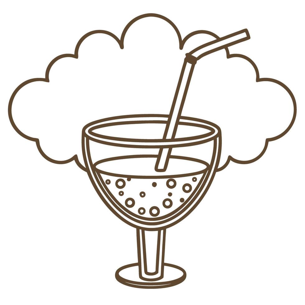 Bubbly beverage in glass with straw, artistic cloud background refreshing drink illustration vector