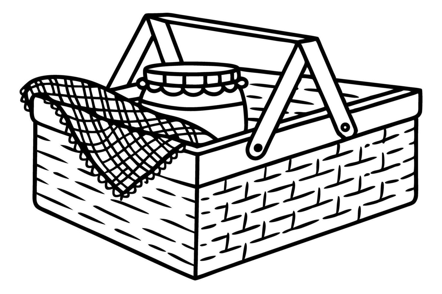 woven picnic basket with checkered cloth and jar, outdoor dining essentials vector
