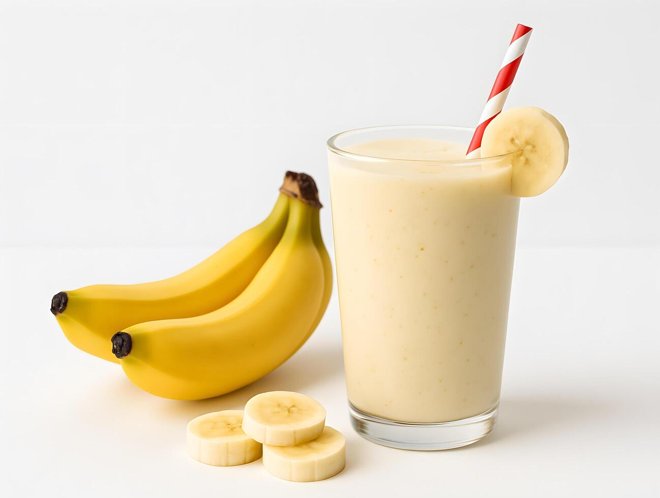 A glass of banana smoothie with bananas and a banana peel photo