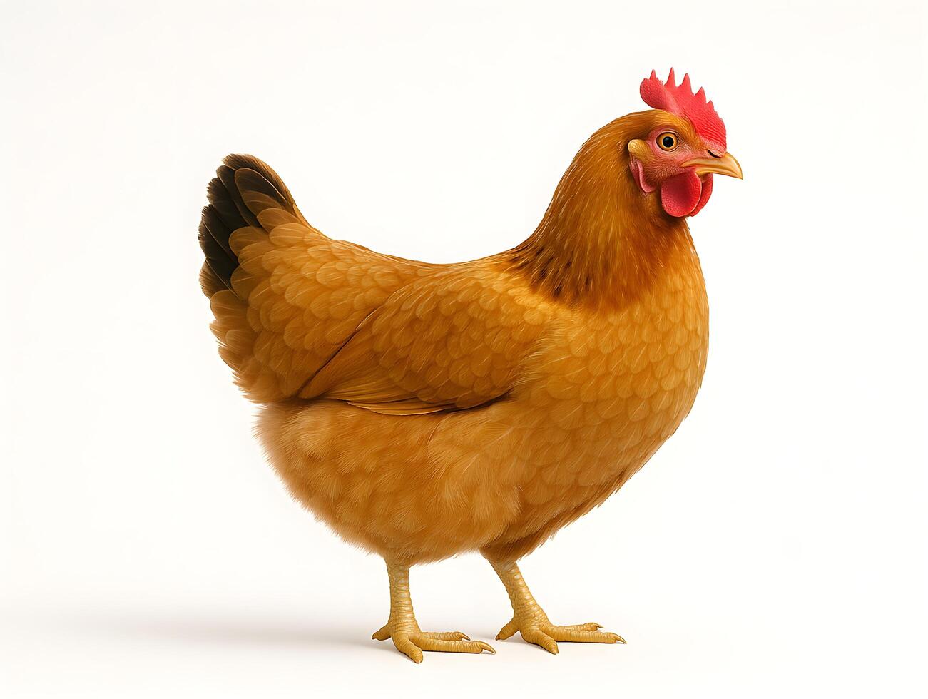 A chicken is standing in front of a white background photo