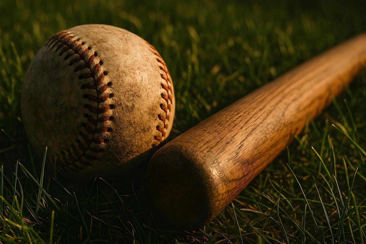 A baseball and bat laying on the grass photo