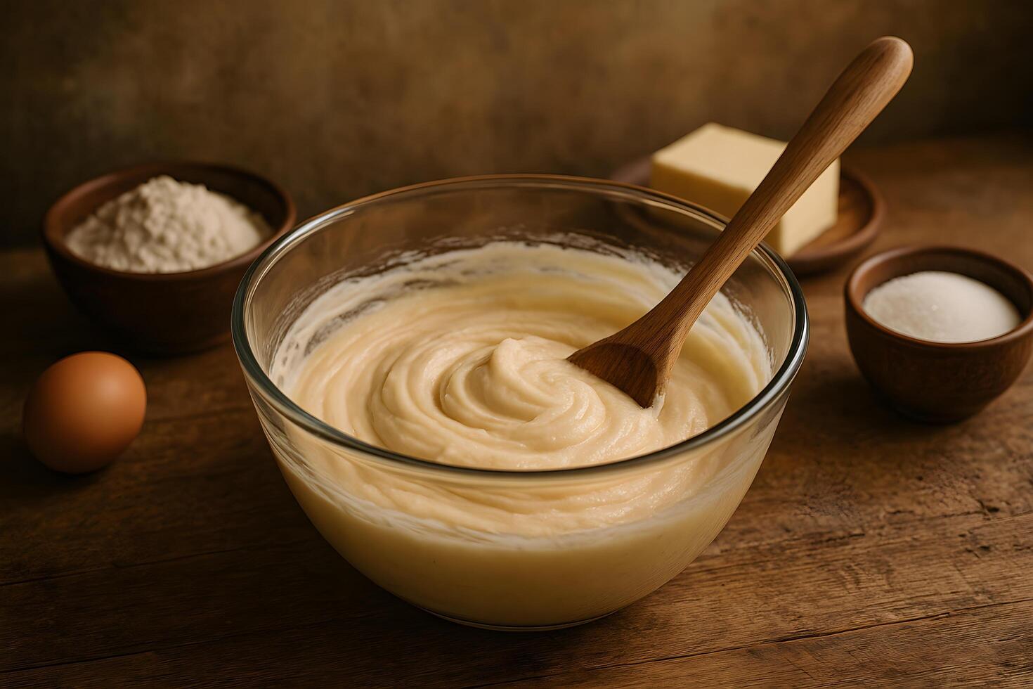 A bowl of batter with a wooden spoon on a table photo