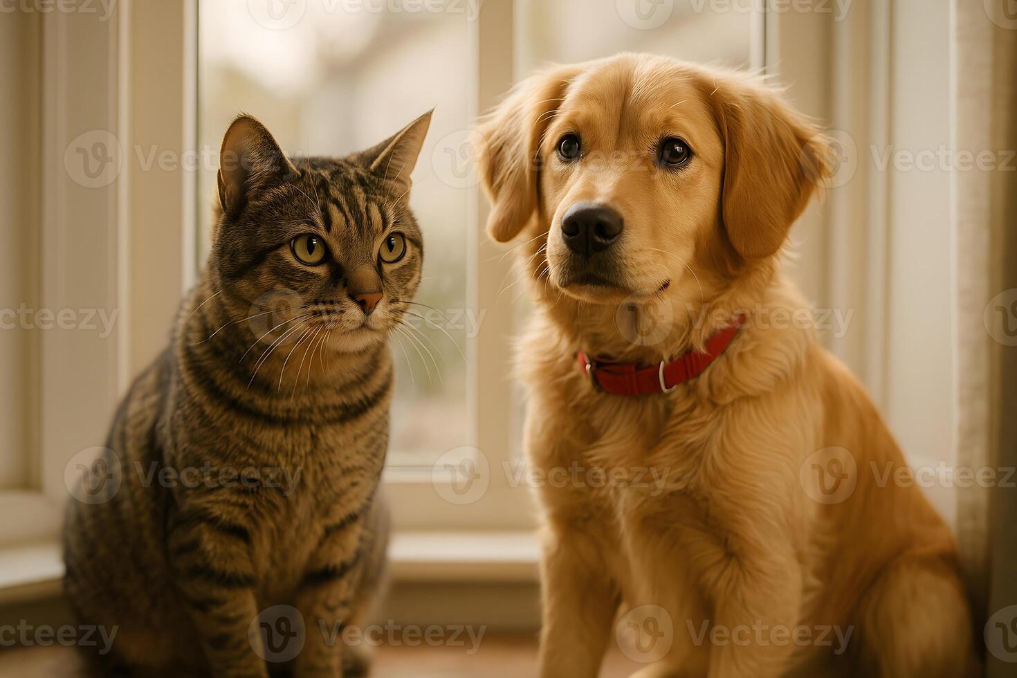 A cat and a dog sitting next to each other photo