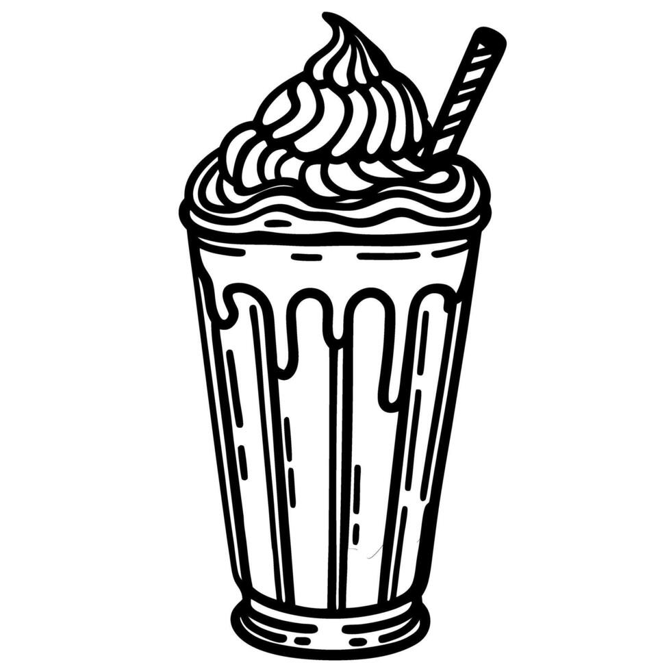 illustration of a classic milkshake glass with whipped cream and straw in monochrome vector