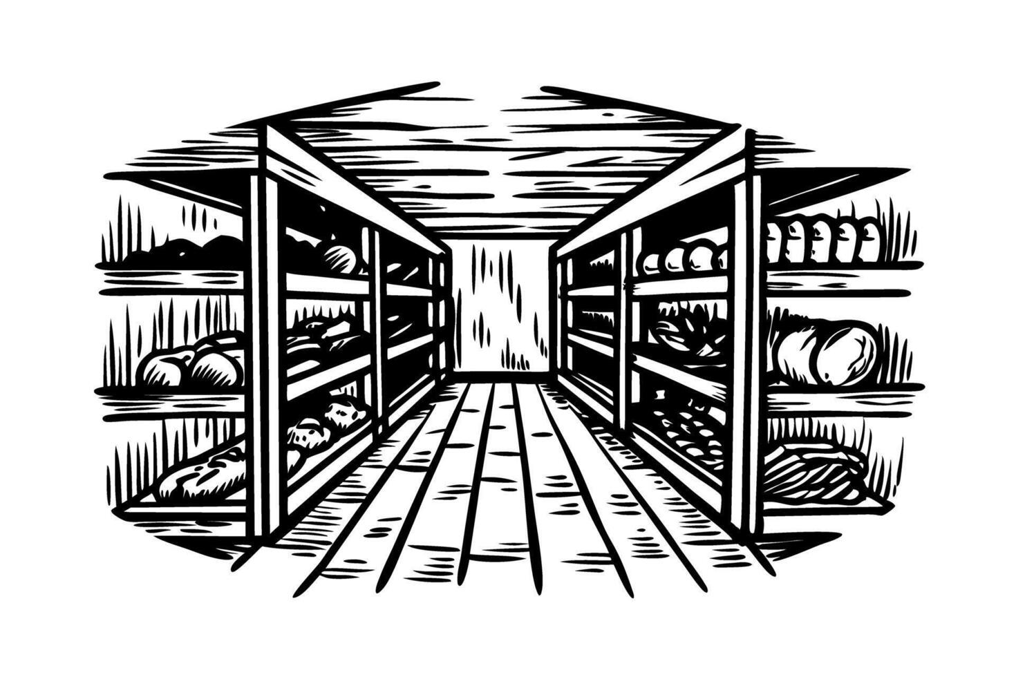 woodcut black and white bakery illustration with breads and rustic shelving vector