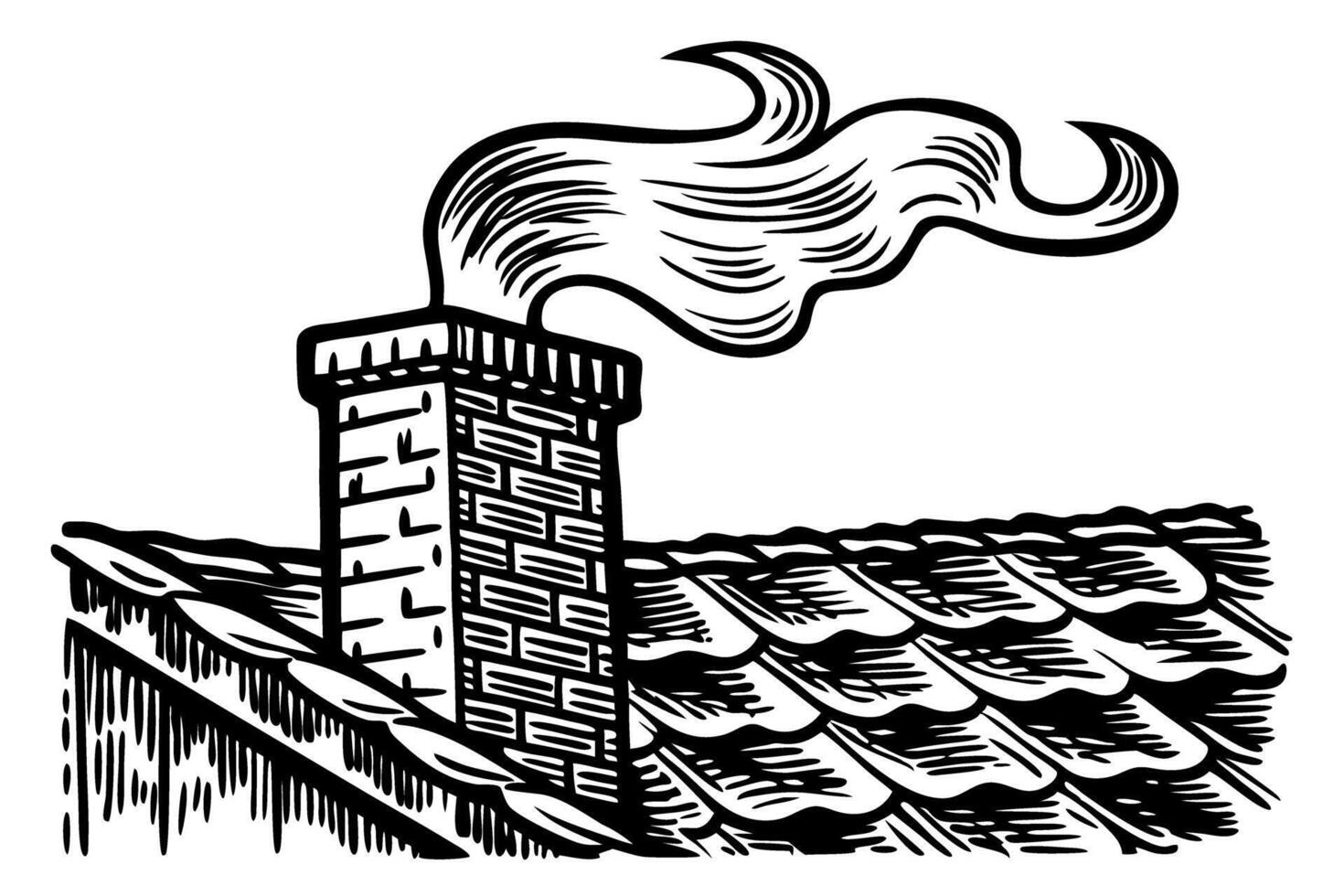 Chimney on tiled roof with smoke curling in retro woodcut illustration vector