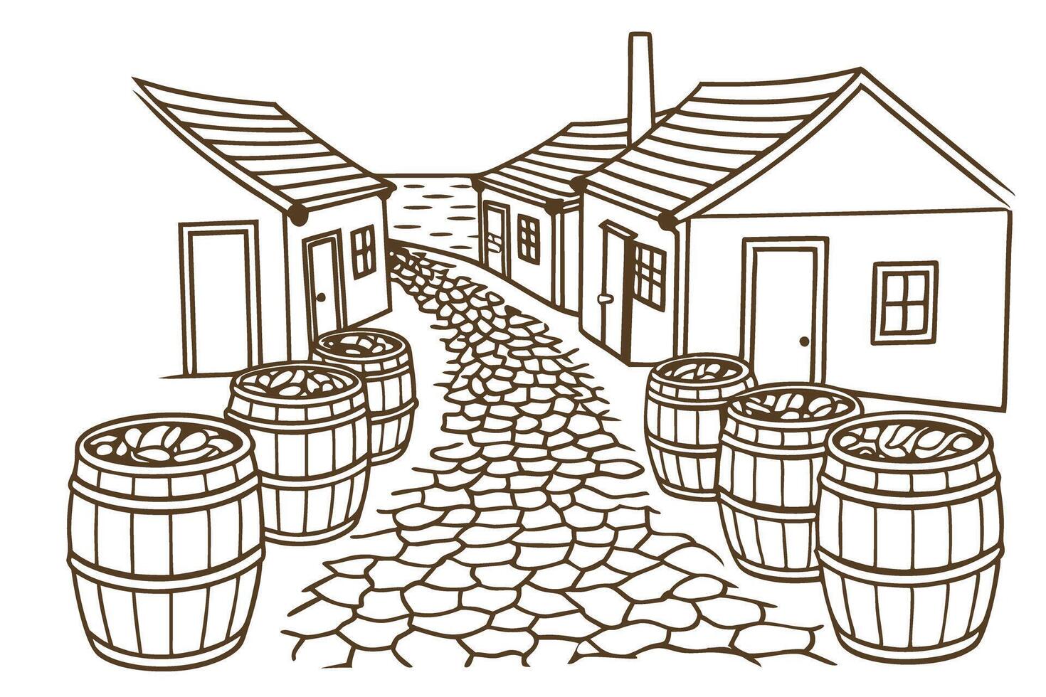 Rustic street with barrels and old buildings, vintage village scene vector