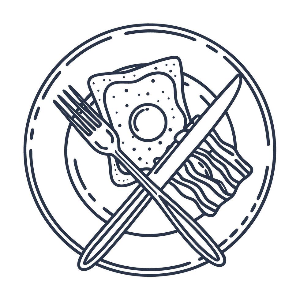 breakfast plate illustration with fried egg, bacon, knife, and fork for meal icon design vector