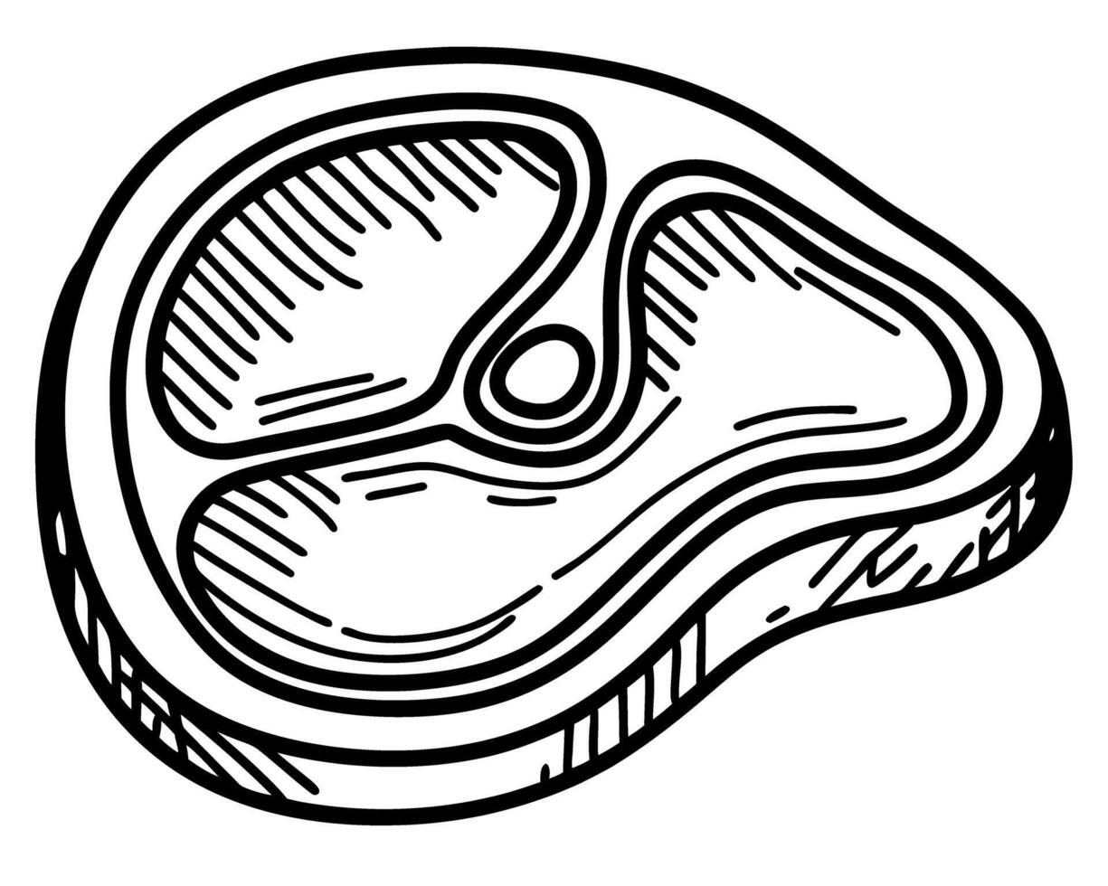 Illustrated steak cut juicy meat slice, cooking ingredient, detailed black and white drawing vector