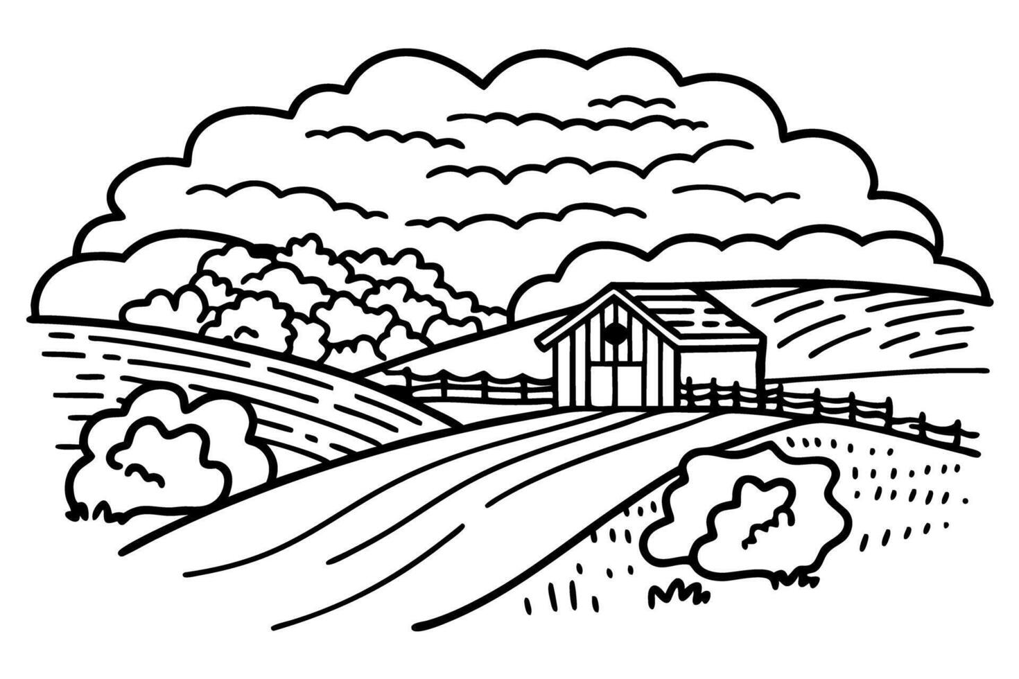 scenic rural landscape with barn and rolling hills under cloudy sky, serene countryside illustration vector