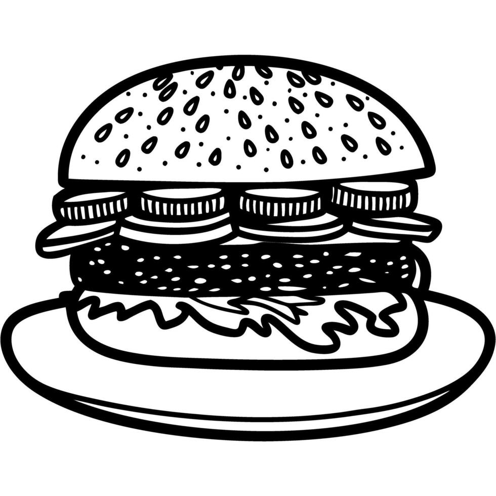 illustrated burger with cheese, pickles, and lettuce on a plate classic fast food icon vector