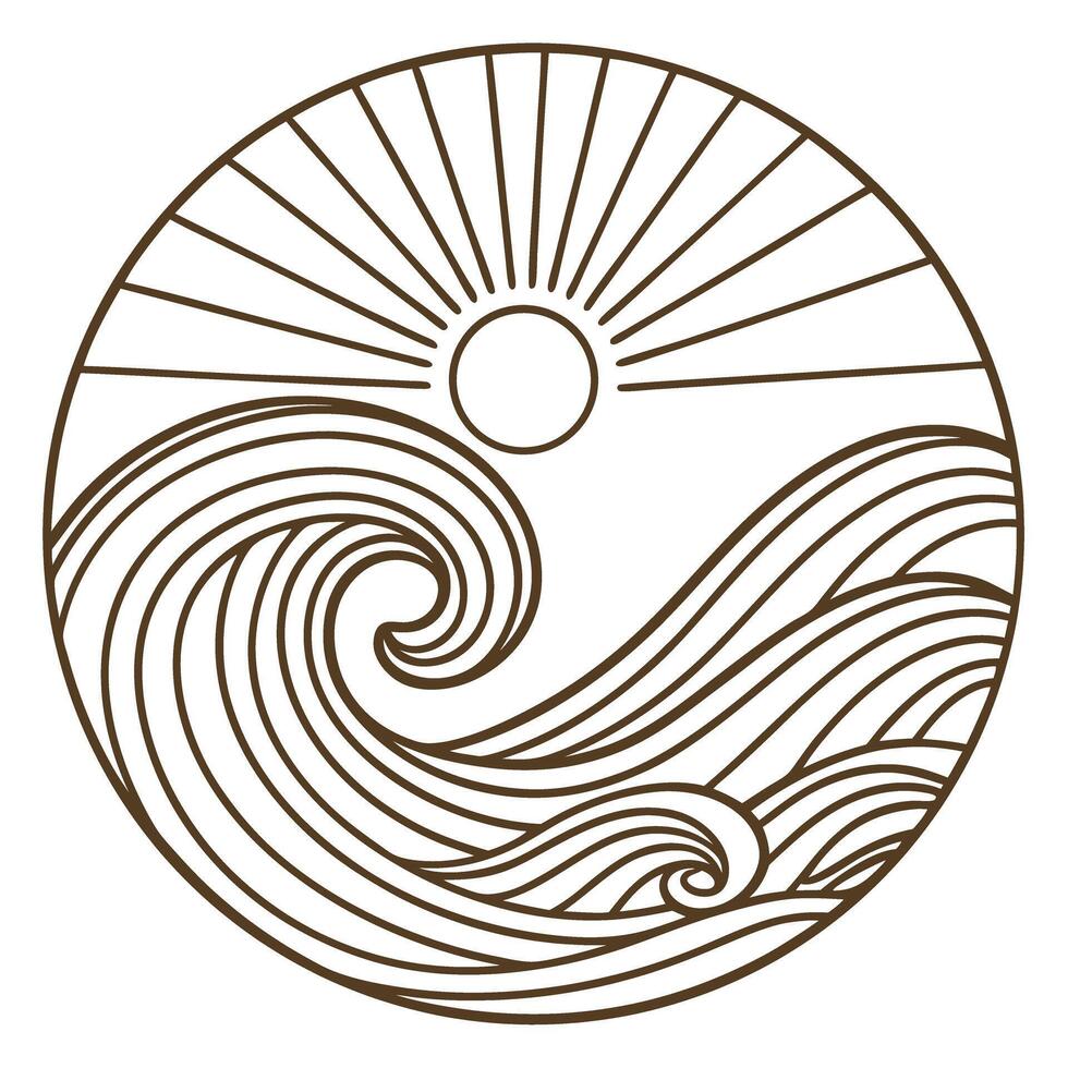Circular wave and sun line art minimalist ocean and sunburst design vector