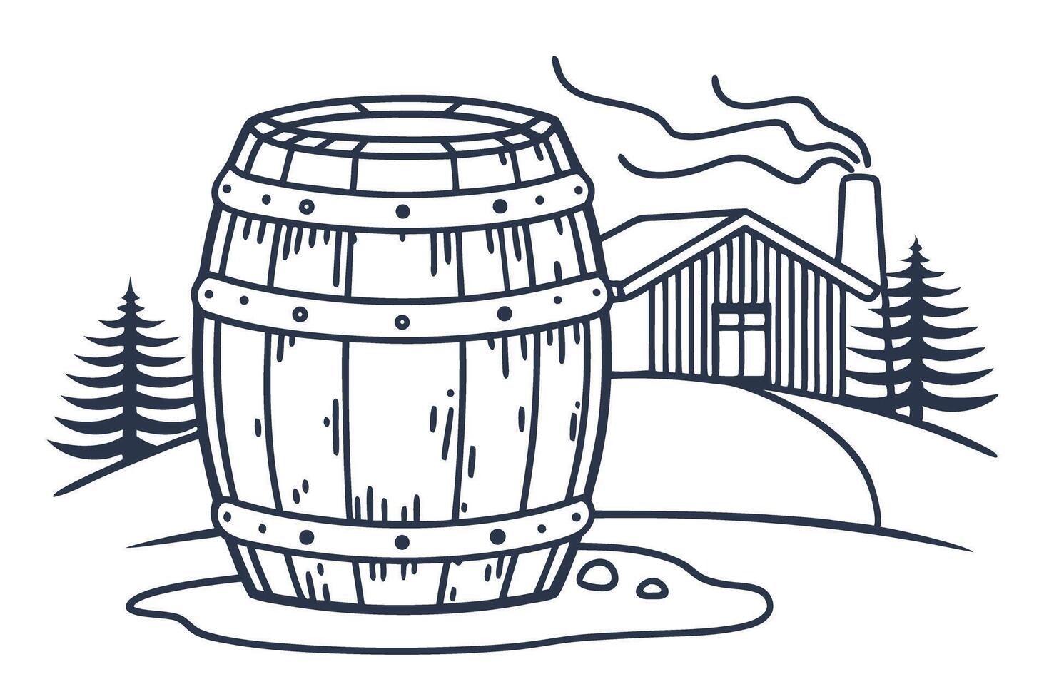 vintage barrel and distillery log cabin, smoky chimney with pine trees in countryside setting vector