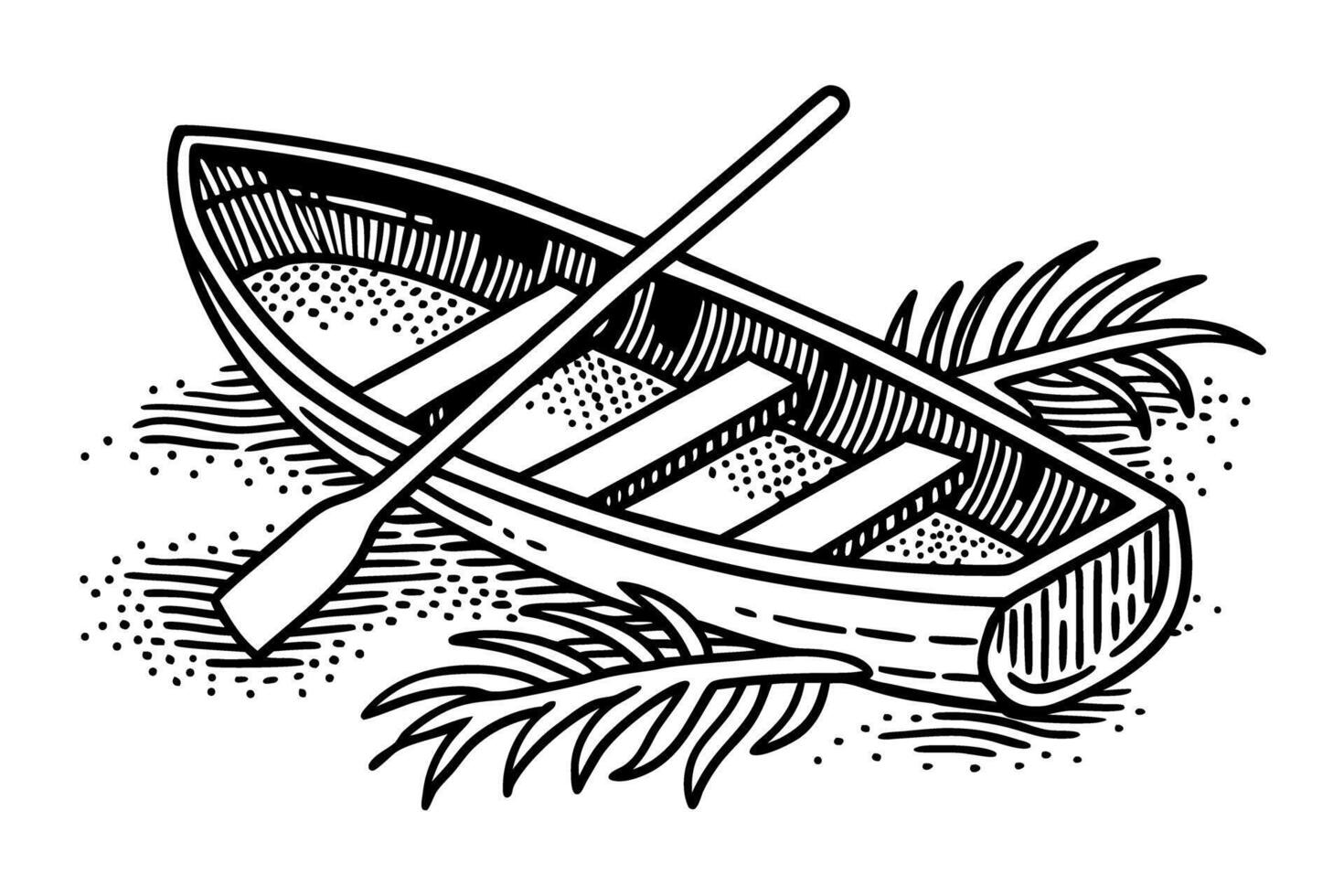 wooden rowboat illustration with paddle on sandy beach, retro nautical design vector