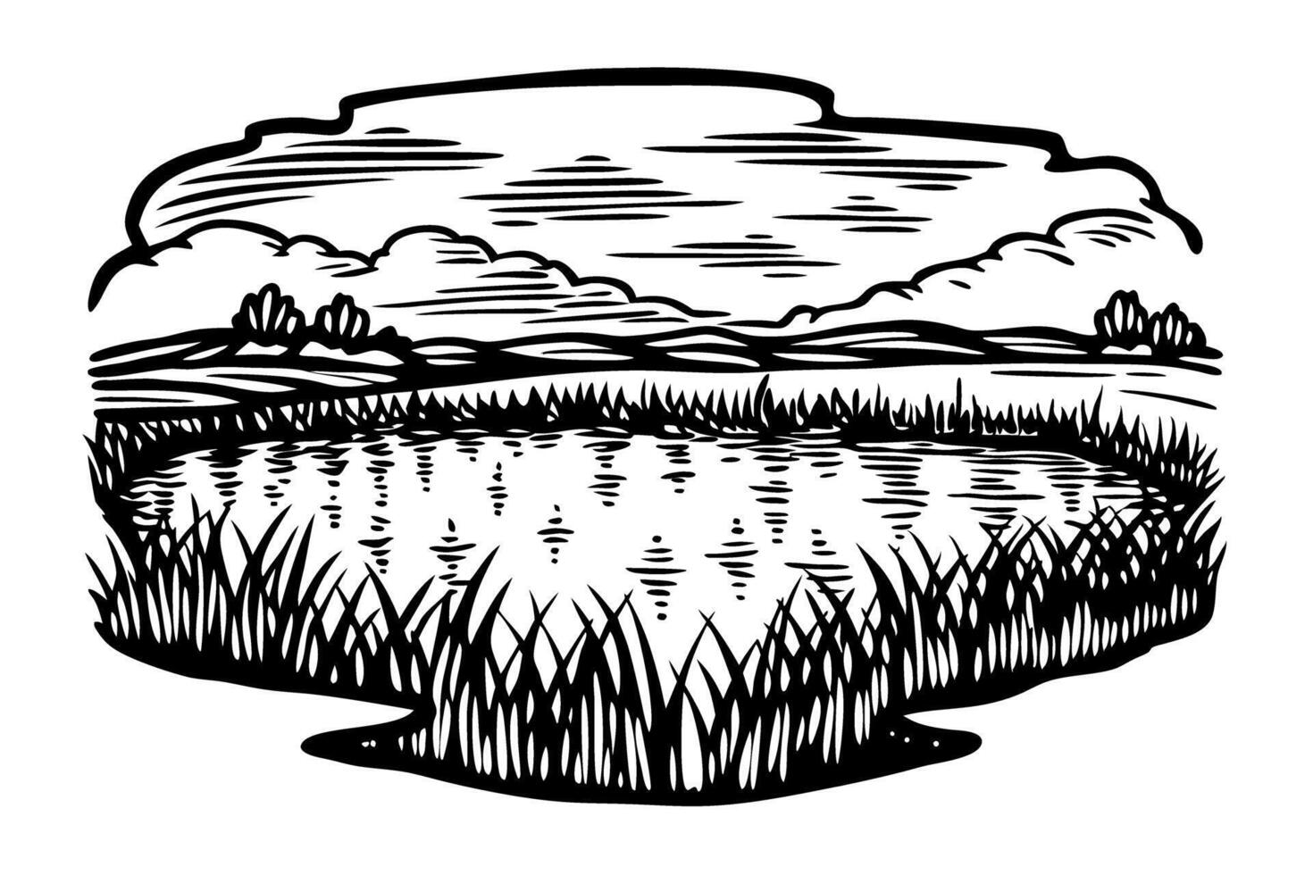 beautiful pond with tall grass and distant horizon serene nature, peaceful landscape illustration vector
