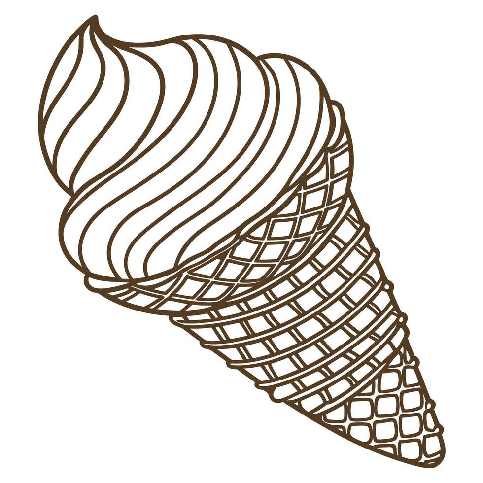Outline drawing of ice cream cone with swirled soft serve in classic waffle cone vector