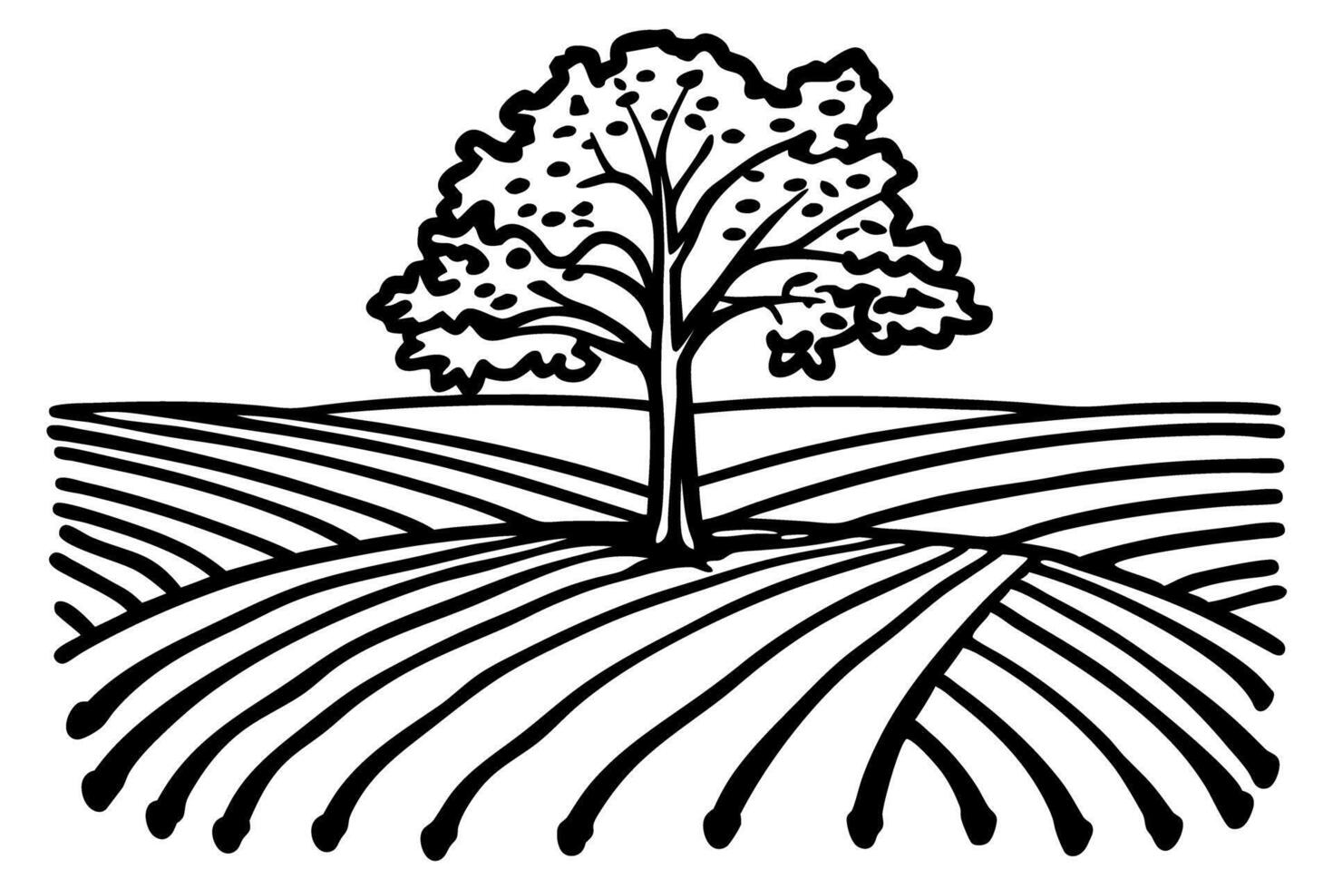 tree in the center of a scenic landscape on a farm with stylized furrows and natural beauty vector
