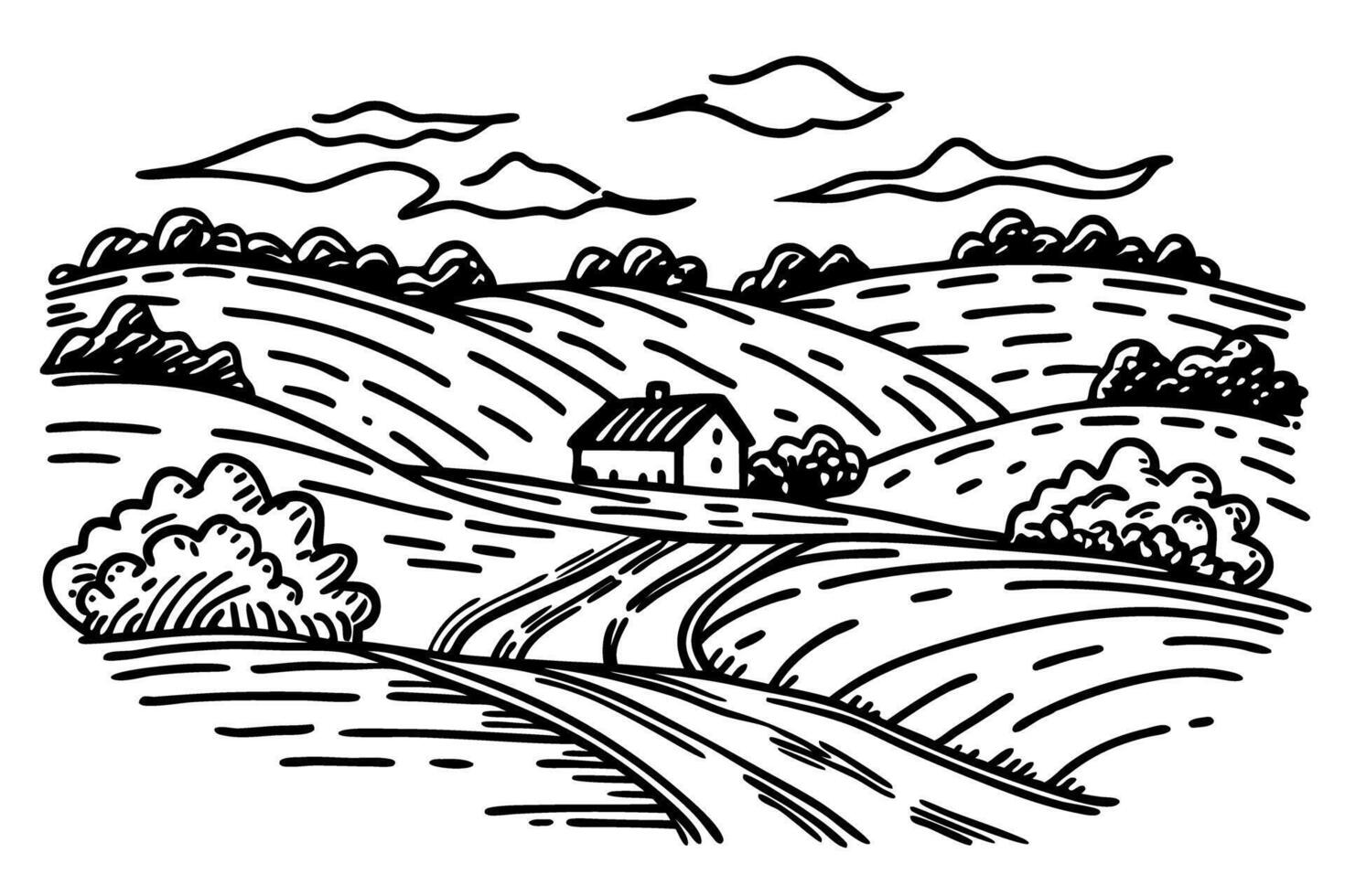 Scenic rural countryside landscape with cottage, rolling hills, and cloudy sky vector