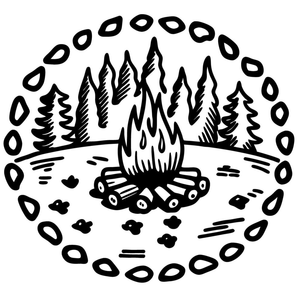 campfire in forest clearing logs and pine trees drawing, nature and adventure, wild camping logo vector
