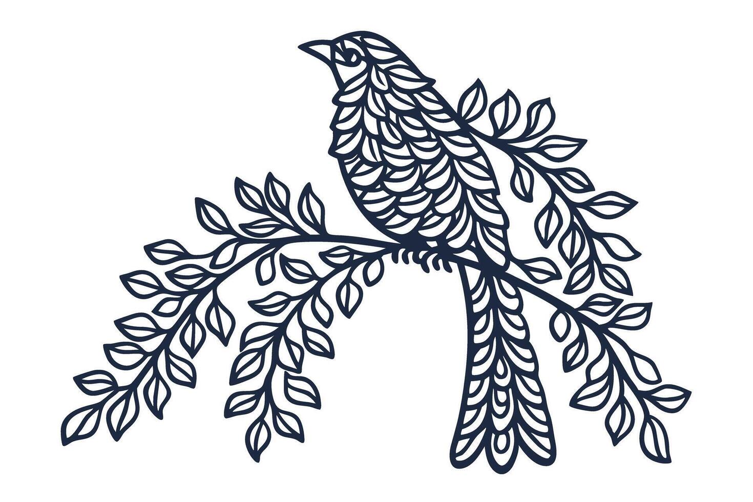 Intricate bird illustration with detailed leaves on branch vector