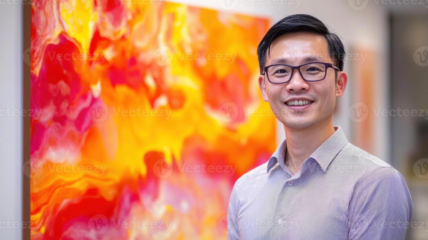 A man in glasses standing in front of a colorful painting photo