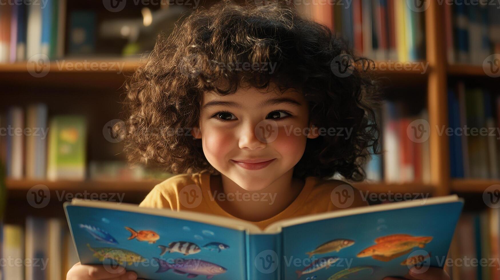 A young boy is reading a book in front of a library photo
