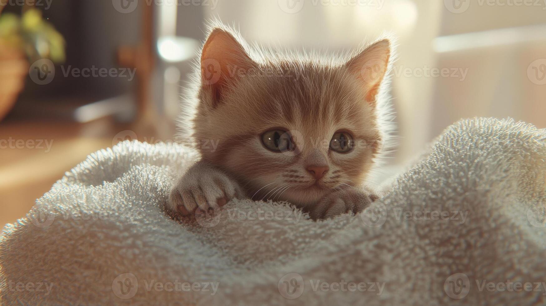 A kitten is laying on a towel photo