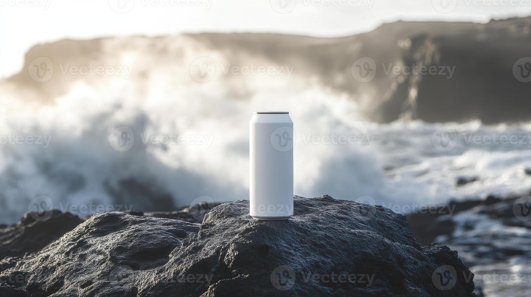 A white water bottle sitting on a rock near the ocean photo
