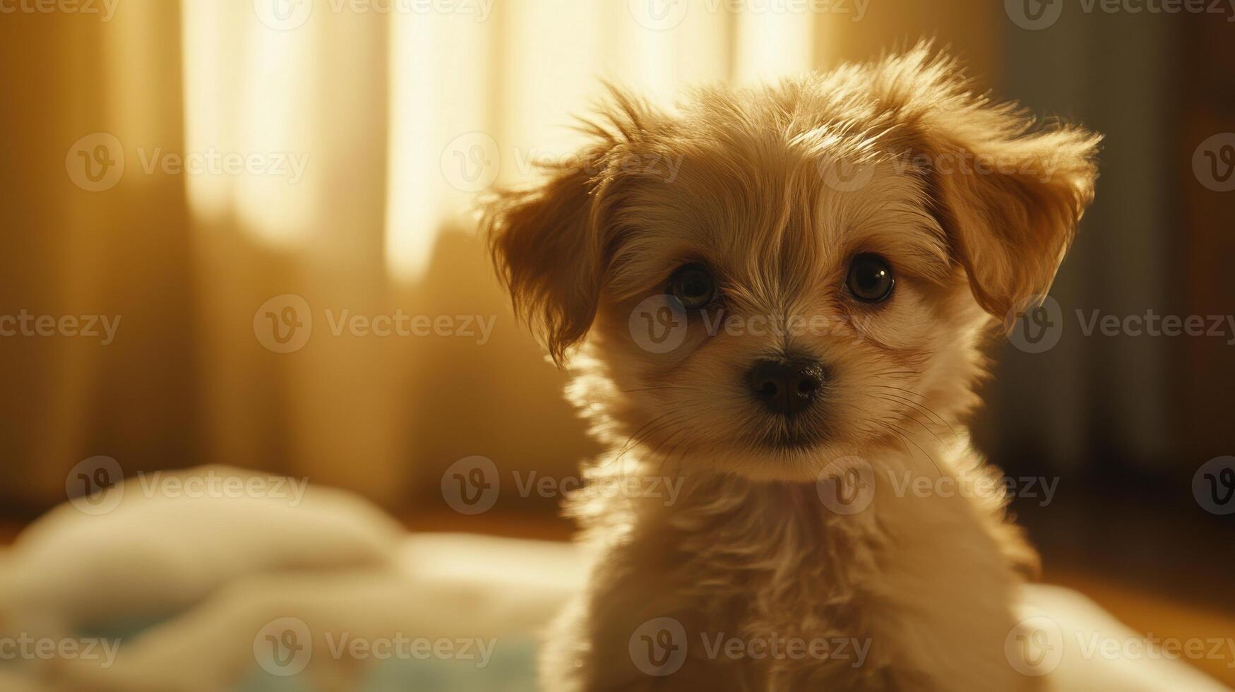 A small dog sitting on a bed in front of a window photo