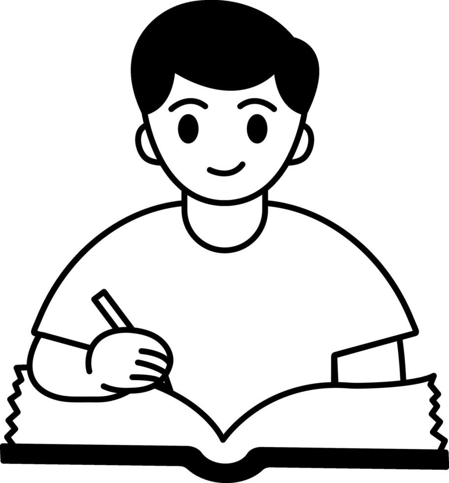 black and white illustration of a boy writing in a book vector